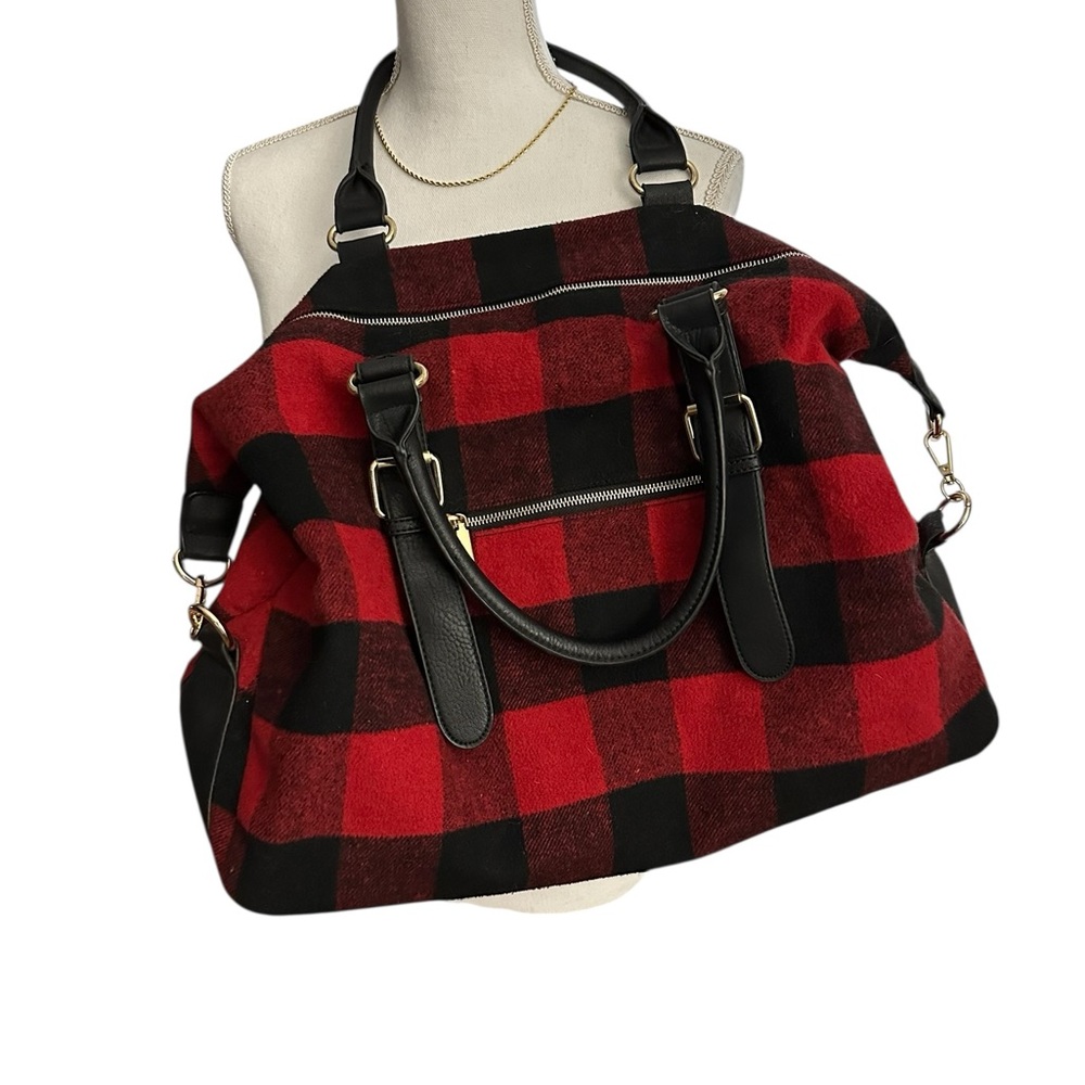 Plaid Red and Black Women's Tote Bag with Extra Crossbody Strap Wool/Flannel